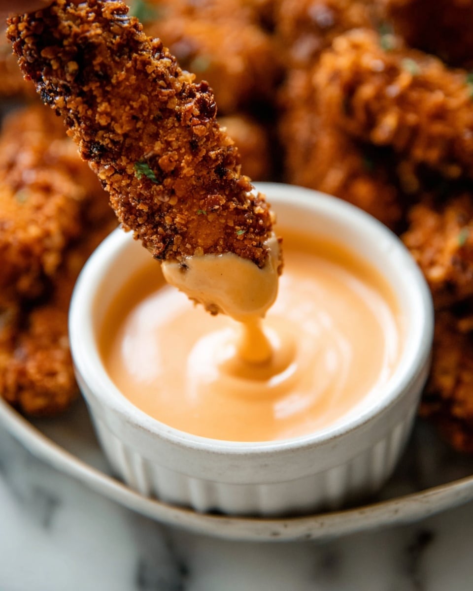 A close-up image shows a single crunchy stick coated in a rough, dark golden brown crumb texture being dipped into a small white bowl filled with smooth, creamy light orange sauce, which clings thickly to the tip of the stick. The white bowl with sauce sits on a white marbled surface, and in the background, more of the crunchy sticks blurred but visible with the same textured coating. Photo taken with an iphone --ar 4:5 --v 7