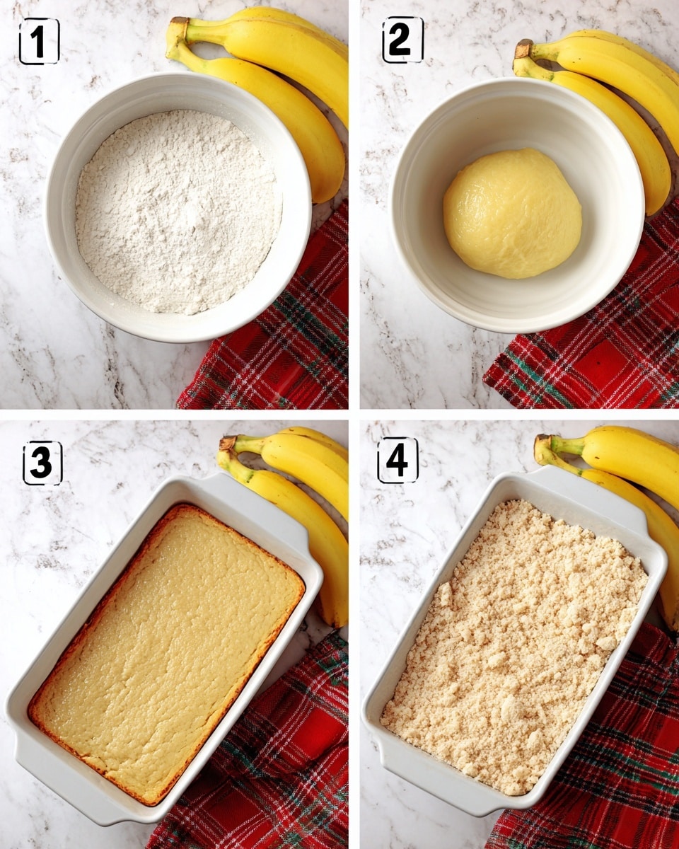 The image shows four steps of a baking process on a white marbled surface with a red plaid cloth and some yellow bananas in the background. Step 1 is a white bowl filled with white flour powder. Step 2 is the same white bowl containing a smooth, yellow dough ball. Step 3 shows a white rectangular baking dish with golden-brown baked dough pressed flat and even inside. Step 4 features the same white rectangular baking dish with a crumbly, pale beige topping spread over the baked dough layer. Photo taken with an iphone --ar 4:5 --v 7