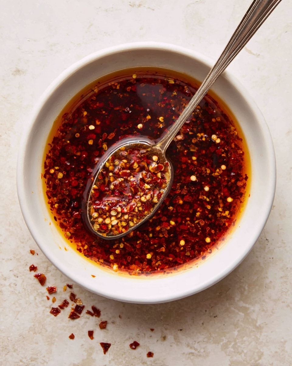 A white bowl sits on a white marbled surface, filled with a single layer of deep red chili oil mixed with crushed red pepper flakes. Tiny seeds and bits of pepper float throughout the oil, creating a textured pattern of dark red and golden yellow colors. A silver spoon rests inside the bowl, angled from the top right toward the center, holding a small amount of the chili oil and flakes that show a thick, slightly oily texture. A few scattered red pepper flakes lie on the marbled surface near the bowl. Photo taken with an iphone --ar 4:5 --v 7