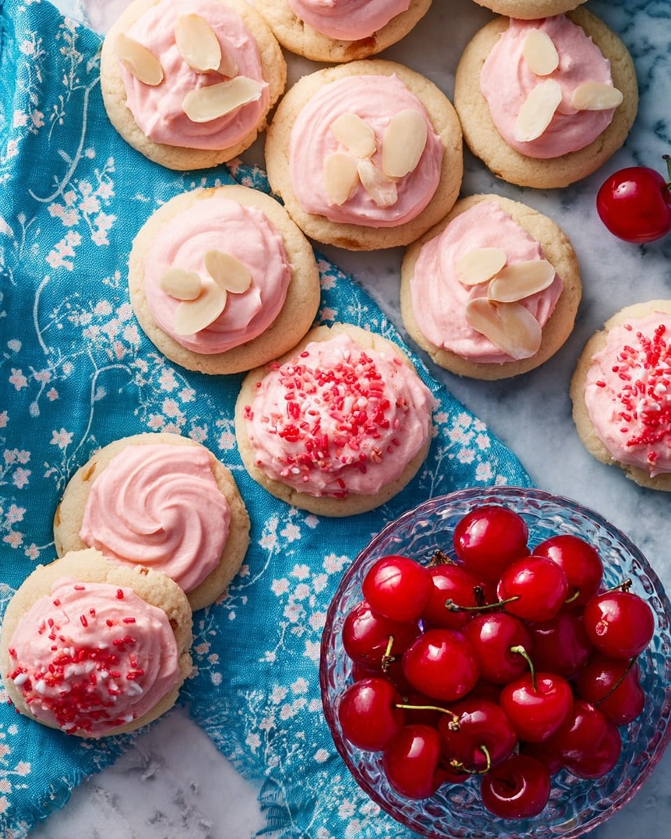 The image shows several small round cookies with two different styles of pink frosting on top, placed on a blue cloth with white floral patterns over a white marbled surface. One group of cookies has smooth pink frosting with thin slices of almond arranged on top, while the other group features swirled pink frosting with red sprinkles scattered on top. In the bottom right corner, there is a clear glass bowl filled with bright red cherries with stems. The colors are soft and bright, with a mix of creamy pink, red, blue, and white. The composition is casual and inviting, focusing on the cookies and cherries. photo taken with an iphone --ar 4:5 --v 7