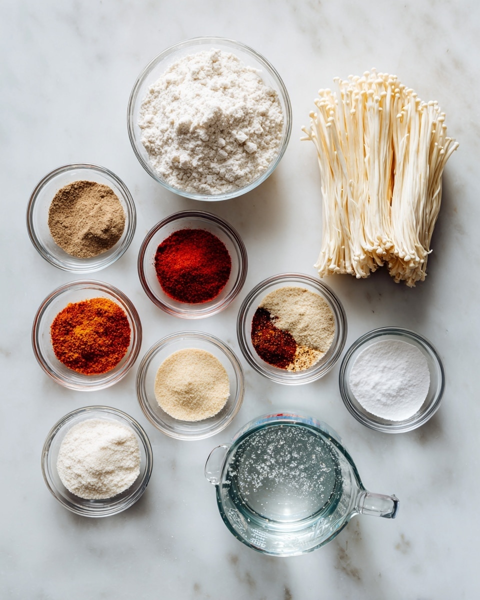 The image shows ten clear glass bowls and a glass measuring cup arranged on a white marbled surface. In the top left corner is a medium-sized bowl filled with white AP flour. Below it is a smaller bowl containing white potato starch. To the right of these are seven small bowls lined up in two rows: the top row has three bowls with light brown five spice powder, bright red cayenne powder, and darker red paprika powder. The bottom row has small bowls with light beige white pepper, white baking powder, and white salt. On the far right, there is a large bowl holding long, thin, cream-colored enoki mushrooms standing upright. In front of that, on the lower right, is a clear glass measuring cup filled with sparkling water showing bubbles inside. Each ingredient is labeled with black text above its bowl. photo taken with an iphone --ar 4:5 --v 7