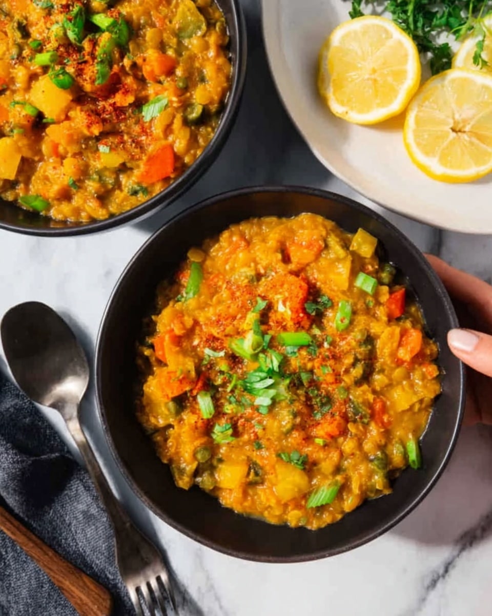 A close-up of two black bowls filled with a thick, orange-yellow lentil stew that has visible small chunks of carrots, green onions, and other vegetables throughout. The stew looks creamy and is topped with a sprinkle of chopped green herbs and red spices. There is a woman's hand holding one bowl at the top right corner. Next to the bowls, a white plate with lemon halves and green herbs is placed on a white marbled surface. A fork lies beside the bowl at the bottom right. The lighting is bright, giving the dish a fresh and vibrant look photo taken with an iphone --ar 4:5 --v 7