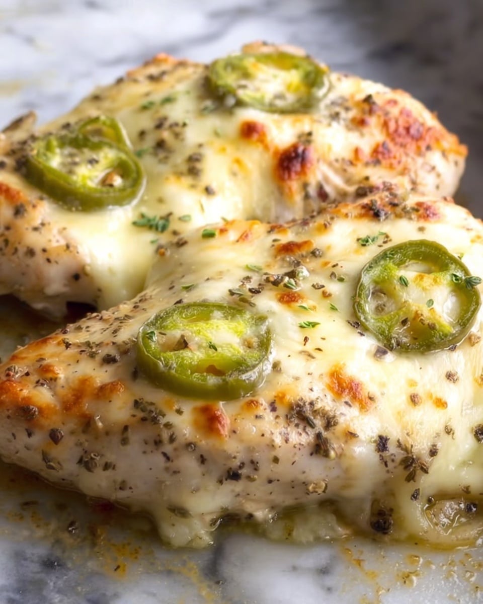 The image shows two cooked chicken pieces placed on a white marbled surface, topped with a layer of creamy melted cheese that is golden brown in spots. On top of the cheese, there are slices of light green jalapeño peppers spread evenly over each chicken piece. The chicken underneath looks tender with visible seasoning of black pepper and herbs, creating a speckled texture. The surface around the chicken is slightly shiny with a light glaze or oil, giving a moist appearance. photo taken with an iphone --ar 4:5 --v 7
