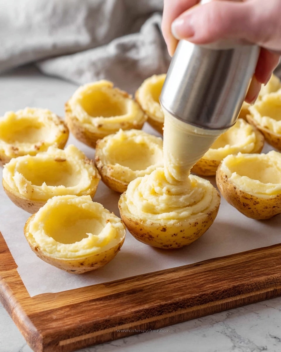 The image shows a close-up of yellow potato halves sitting on a wooden board with a white marbled surface underneath. Each potato half has a hollow center filled with smooth, creamy mashed potato that is being piped from a bag with a metal nozzle held by a woman's hand visible at the top right. The mashed potato is pale yellow with some small brown specks. The potato skins are light yellow with a natural texture. The scene highlights multiple potato halves arranged closely together with some empty centers waiting to be filled. The background has a soft grey cloth out of focus. Photo taken with an iphone --ar 4:5 --v 7