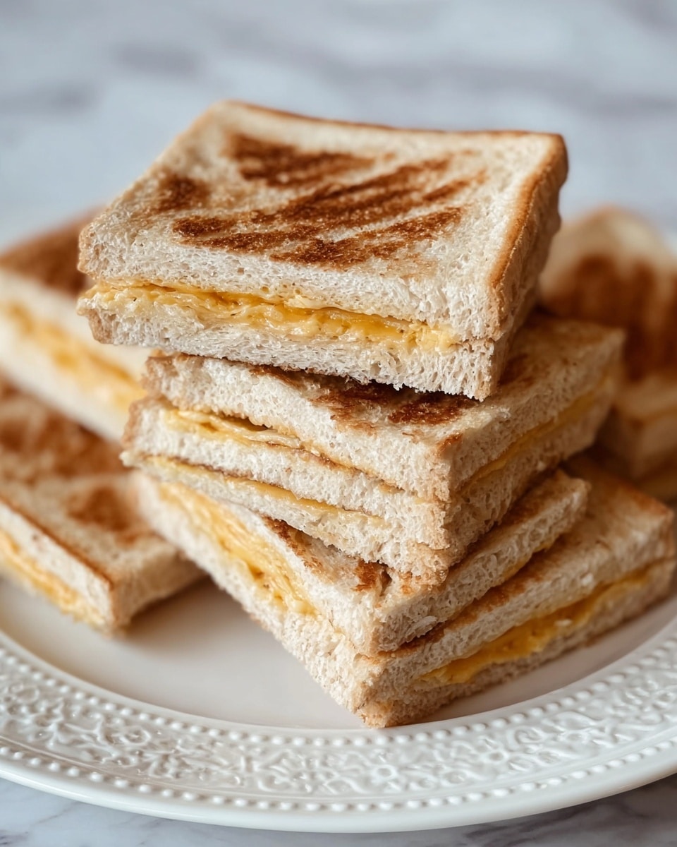 A close-up of six toasted sandwich squares stacked on a white plate with a detailed edge pattern. Each sandwich has two light brown toasted bread layers with visible browning marks on top. Between the bread layers is a thin, golden-yellow filling that looks soft and slightly textured. The sandwiches are arranged on a white marbled surface. photo taken with an iphone --ar 4:5 --v 7