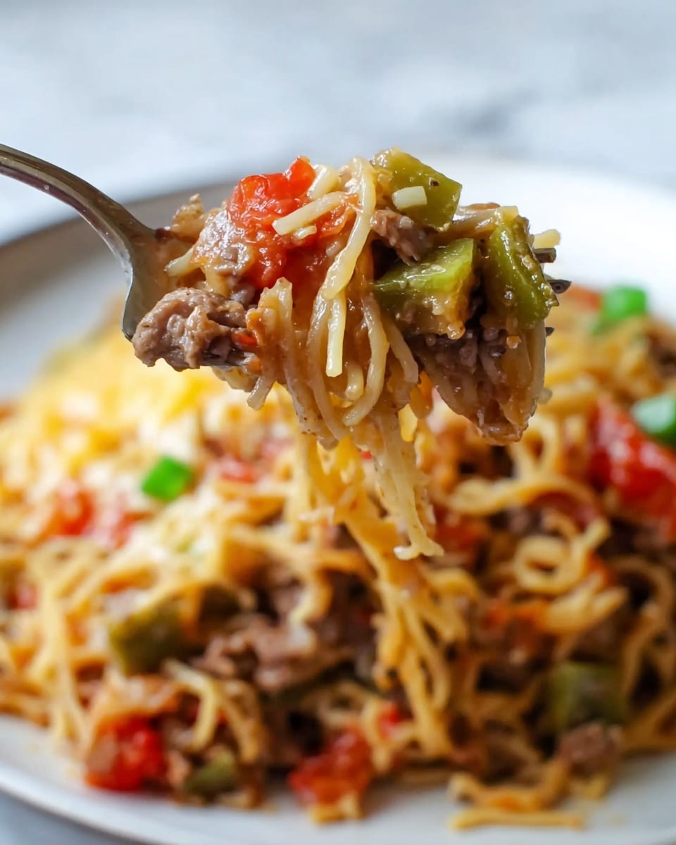 A close-up of a fork holding a bite of food with thin, pale yellow noodles mixed with small pieces of brown meat, diced green bell peppers, and bits of soft red tomato, all coated in a light sauce. The background shows more of the same mixture piled on a white plate, sitting on a white marbled surface. The image is focused tightly on the forkful, with the rest of the plate blurred behind it. photo taken with an iphone --ar 4:5 --v 7