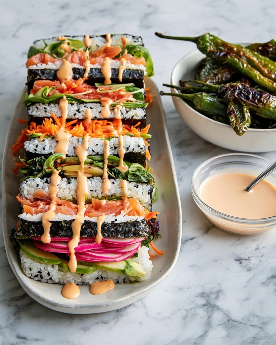 The image shows four thick sushi sandwiches stacked vertically on a white oval plate set on a white marbled surface. Each sushi sandwich has multiple layers: a dark green seaweed outer layer holds a thick layer of white rice with black sesame seeds inside, followed by bright orange shredded carrots, vibrant pink radish slices, fresh green leafy vegetables, and a soft-looking orange salmon layer. Light orange drizzle sauce is artistically spread on top in vertical lines. To the right, there is a white bowl filled with charred green peppers and a small glass bowl with a light orange creamy dipping sauce and a silver spoon inside it. photo taken with an iphone --ar 4:5 --v 7