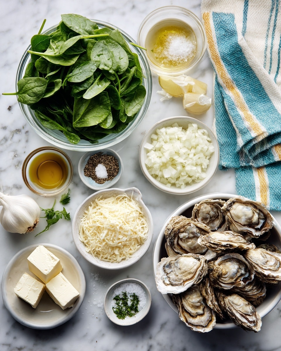 A collection of cooking ingredients arranged neatly on a white marbled surface with a white bowl filled with oyster shells on the right side. Nearby, a clear glass bowl is filled with fresh, green spinach leaves. Small bowls and containers hold finely chopped shallots, pasteurized butter and cream cheese slices, minced garlic, shredded parmesan cheese, and light-colored breadcrumbs. A small bowl of olive oil, a pile of salt and pepper, a pinch of nutmeg, and chopped parsley add color variety. A striped blue, white, and yellow cloth is placed in the upper right corner. Each ingredient is labeled in black, simple text. Photo taken with an iphone --ar 4:5 --v 7