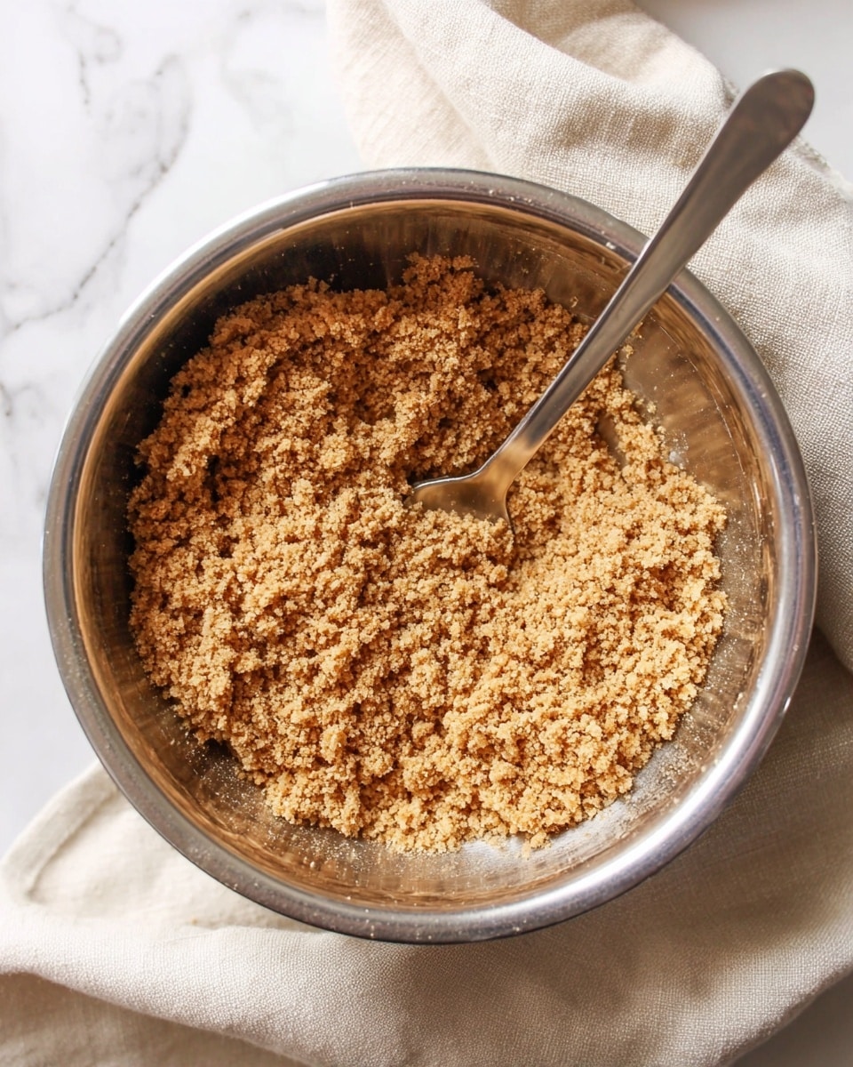 A metal bowl holds a crumbly mixture with a light brown color and rough texture. The mixture looks loose and slightly coarse with small clumps spread throughout. A metal spoon sits inside the bowl, resting on the mixture with its handle pointing outward. The bowl is placed on a white marbled surface, and a beige cloth is seen near the bowl edges. photo taken with an iphone --ar 4:5 --v 7