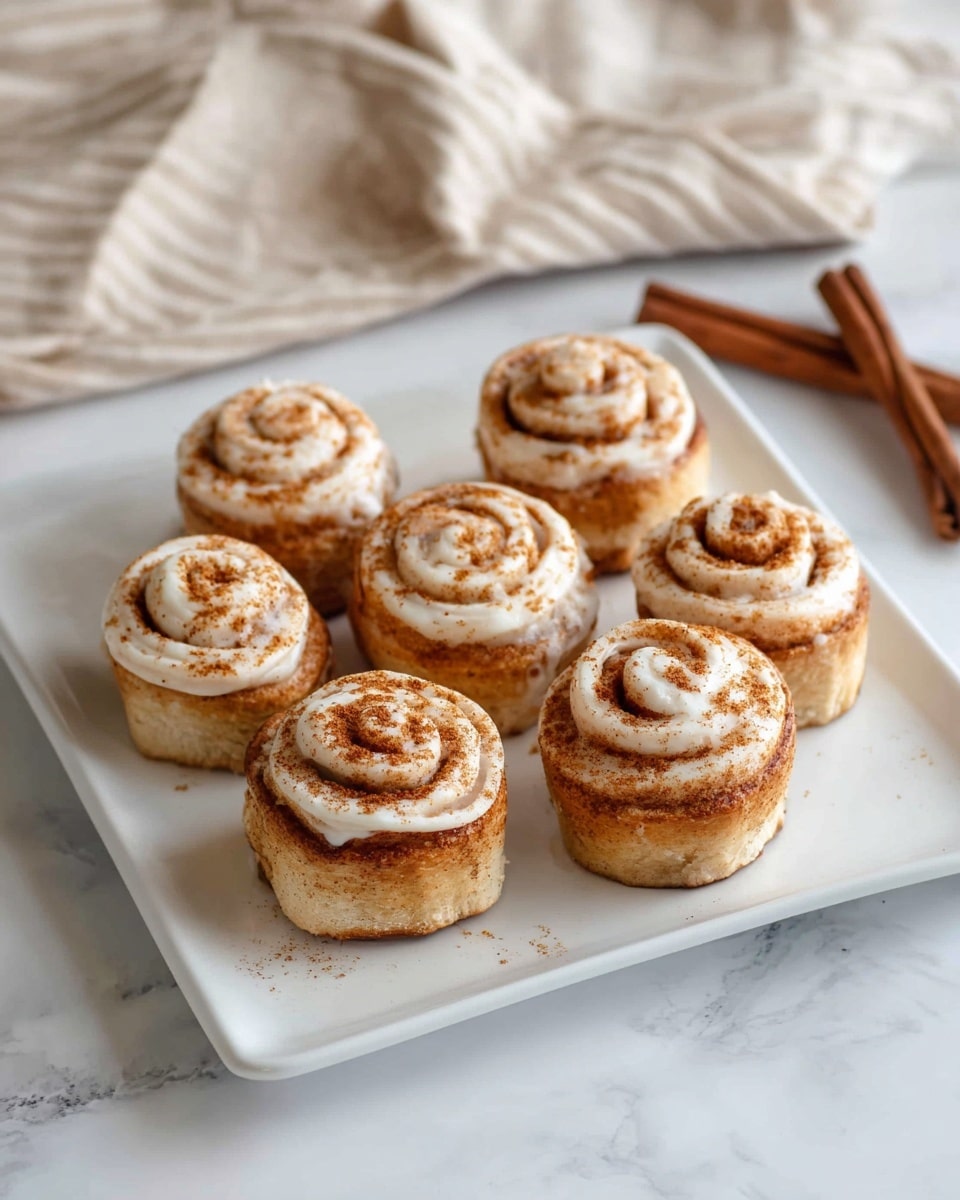 There are seven small cinnamon rolls arranged on a white square plate. Each cinnamon roll has a golden brown base with a slightly darker crust on the sides. On top of each one, there is a swirl of light cream-colored icing, sprinkled with light brown cinnamon powder. The plate is set on a white marbled surface with a beige cloth partially visible in the background along with a cinnamon stick placed nearby. The overall look is warm and inviting, with soft natural lighting. photo taken with an iphone --ar 4:5 --v 7