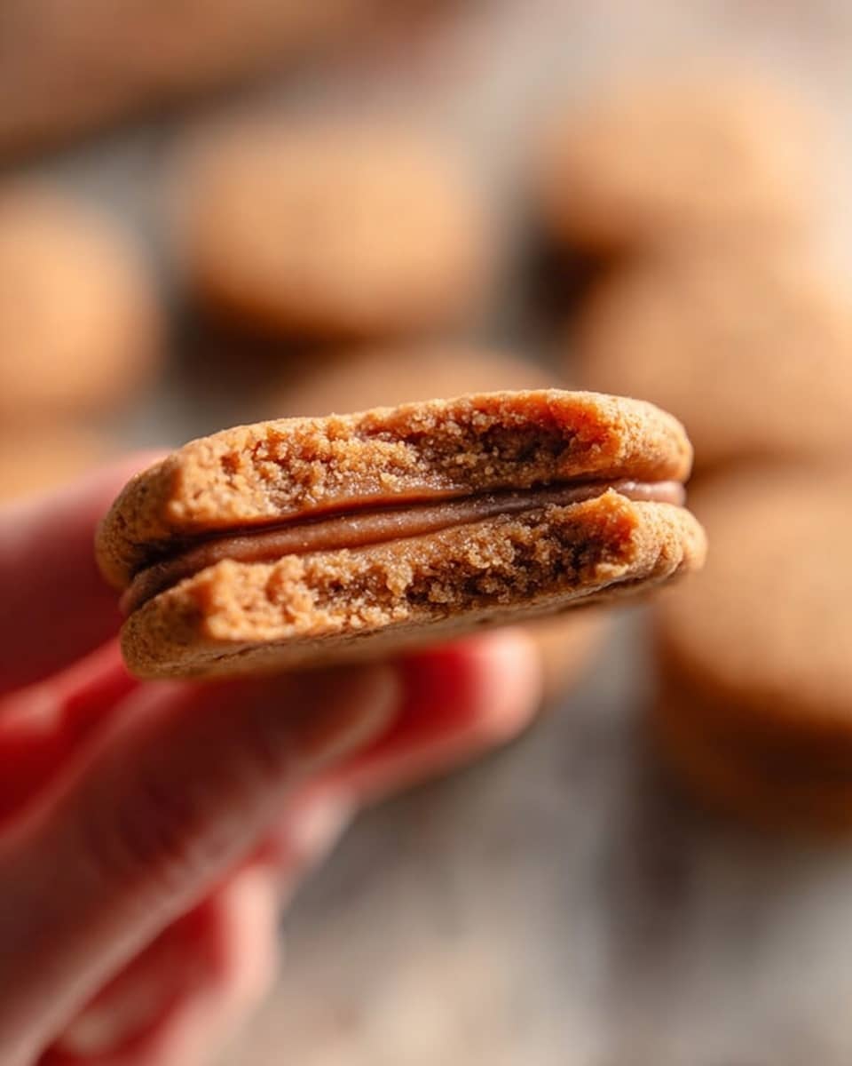 A close-up of a woman's hand holding a small sandwich cookie that is broken in half to show the inside. The cookie has two layers of light brown, textured biscuit on the outside with a smooth, slightly darker brown filling in the middle. The background is softly blurred with more cookies on a white marbled surface, highlighting the cookie held in focus. The photo has warm lighting and a shallow depth of field, making the cookie's texture clear and inviting. photo taken with an iphone --ar 4:5 --v 7