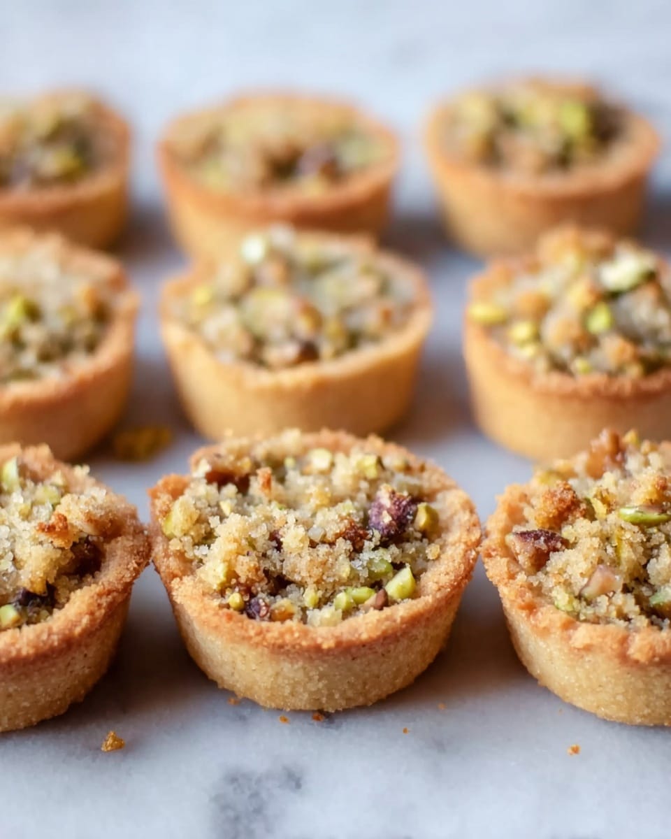 The image shows seven small tartlets arranged in two rows on a white marbled surface. Each tartlet has a light golden brown crust forming the base and sides, holding a filling made of small pieces of nuts and seeds in shades of brown and green. The filling looks textured and slightly glossy, with a crumbly topping in similar earthy tones. The tartlets are evenly spaced, with clear focus on the front tartlet and a soft background blur. photo taken with an iphone --ar 4:5 --v 7