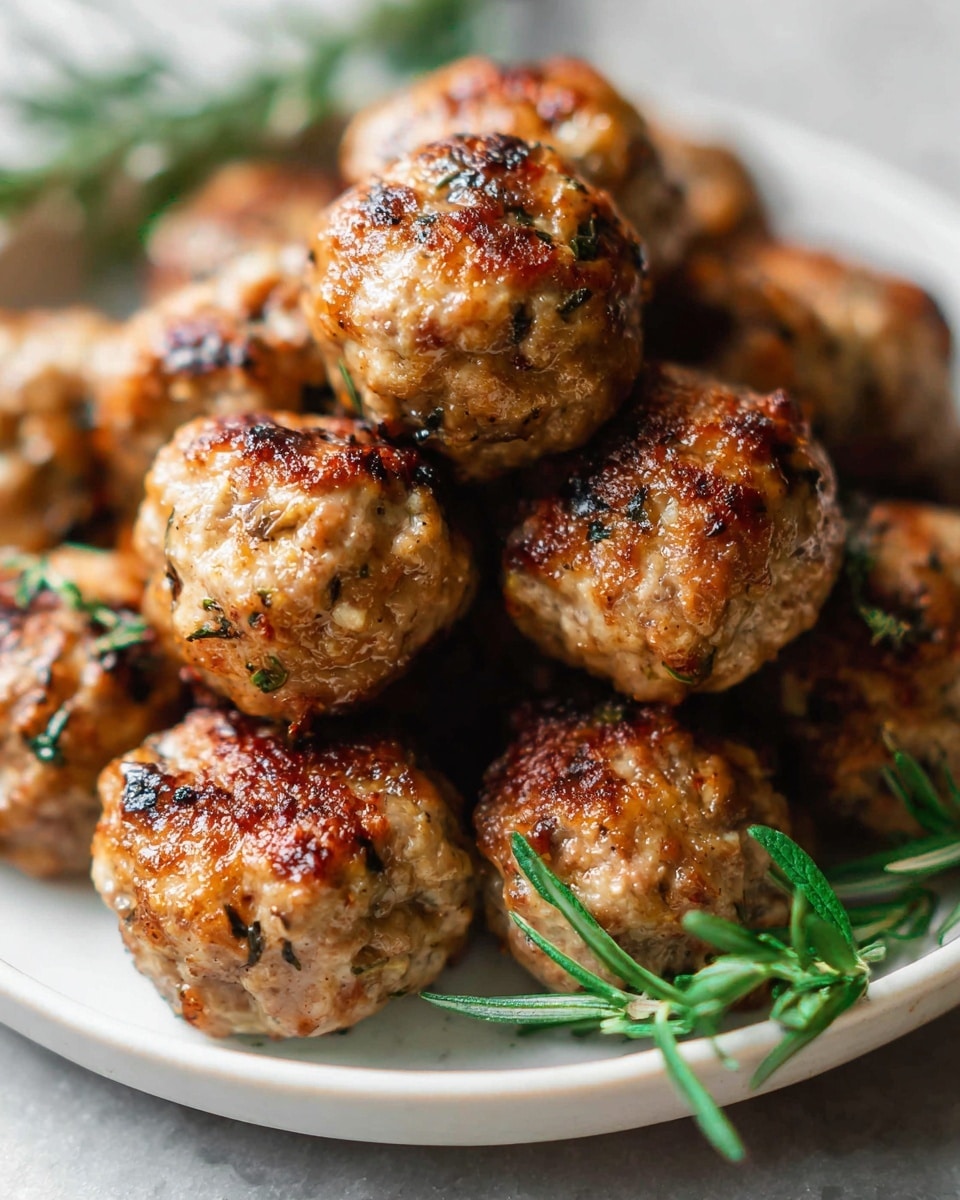 A close-up shows a pile of about ten golden-brown meatballs with crispy, browned edges and specks of green herbs baked within, stacked loosely on a shallow white plate. Some meatballs have fresh green sprigs of herbs like rosemary and thyme placed on and around them, adding a touch of color and texture. The plate sits on a white marbled surface that softly reflects the warm light, highlighting the meatballs' moist and slightly shiny surface. The image captures the rustic and hearty look of the meatballs in soft natural light. photo taken with an iphone --ar 4:5 --v 7