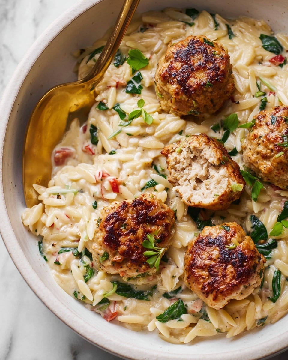 A white bowl filled with creamy, light beige orzo pasta with small bits of red and green mixed in, topped with four golden brown meatballs that have a slightly crispy texture; one meatball is broken open to show a soft, light interior. Small green herb leaves are scattered on top, and a golden spoon is partially dipped into the pasta on the left side, all placed on a white marbled surface photo taken with an iphone --ar 4:5 --v 7