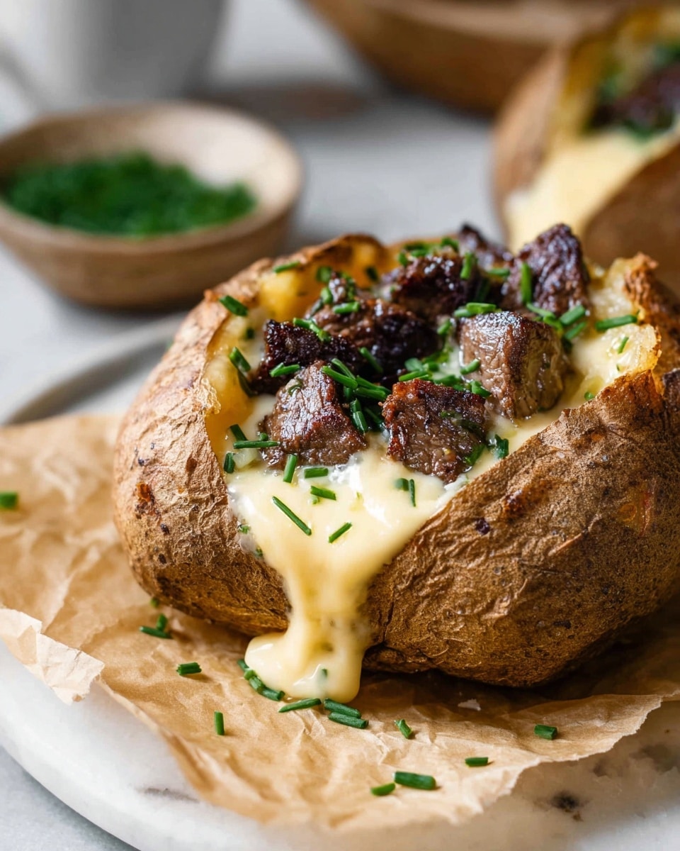The dish shows a round baked potato with a crispy brown skin, opened at the top to reveal a creamy melted cheese sauce inside. On top of the cheese sauce, there are several small dark brown pieces of grilled meat, evenly placed. The dish is garnished with chopped green chives sprinkled on the cheese and meat. The potato sits on a piece of light brown parchment paper, all on a white marbled surface. In the background, there is a blurred bowl with green herbs. photo taken with an iphone --ar 4:5 --v 7