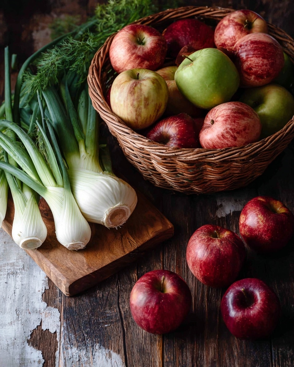 A rustic scene of fresh vegetables and fruits arranged on a dark wooden surface with a white marbled texture background. There is a round wicker basket filled with red and green apples, some with yellow tones, showing natural texture and shine. Next to the basket, a wooden cutting board holds white fennel bulbs with green stalks and leafy tops, alongside a bunch of green onions with white bases and long green tops. Several red apples are scattered around both the basket and the cutting board, creating a natural and fresh look. photo taken with an iphone --ar 4:5 --v 7