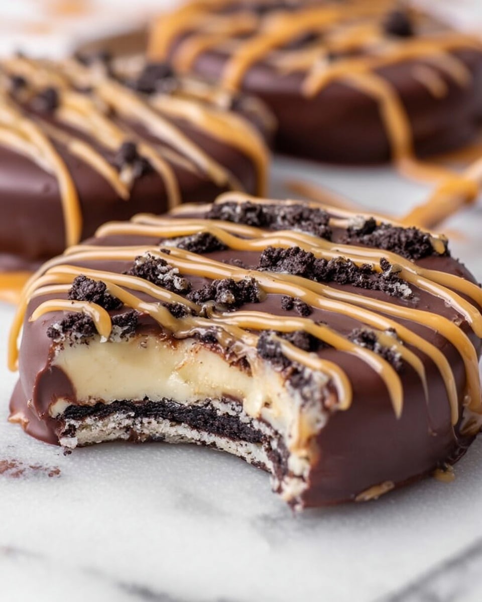 The image shows a close-up of a round chocolate lollipop with a bite taken out of it, resting on a white marbled surface. The bottom layer is a smooth, dark chocolate coating with a glossy finish. The top layer is decorated with crushed dark cookie pieces scattered unevenly and drizzled with light caramel sauce in thin lines across the surface. The bite reveals a creamy, pale interior beneath the chocolate. In the background, there is another similar chocolate lollipop slightly out of focus with the same caramel drizzle. Photo taken with an iphone --ar 4:5 --v 7