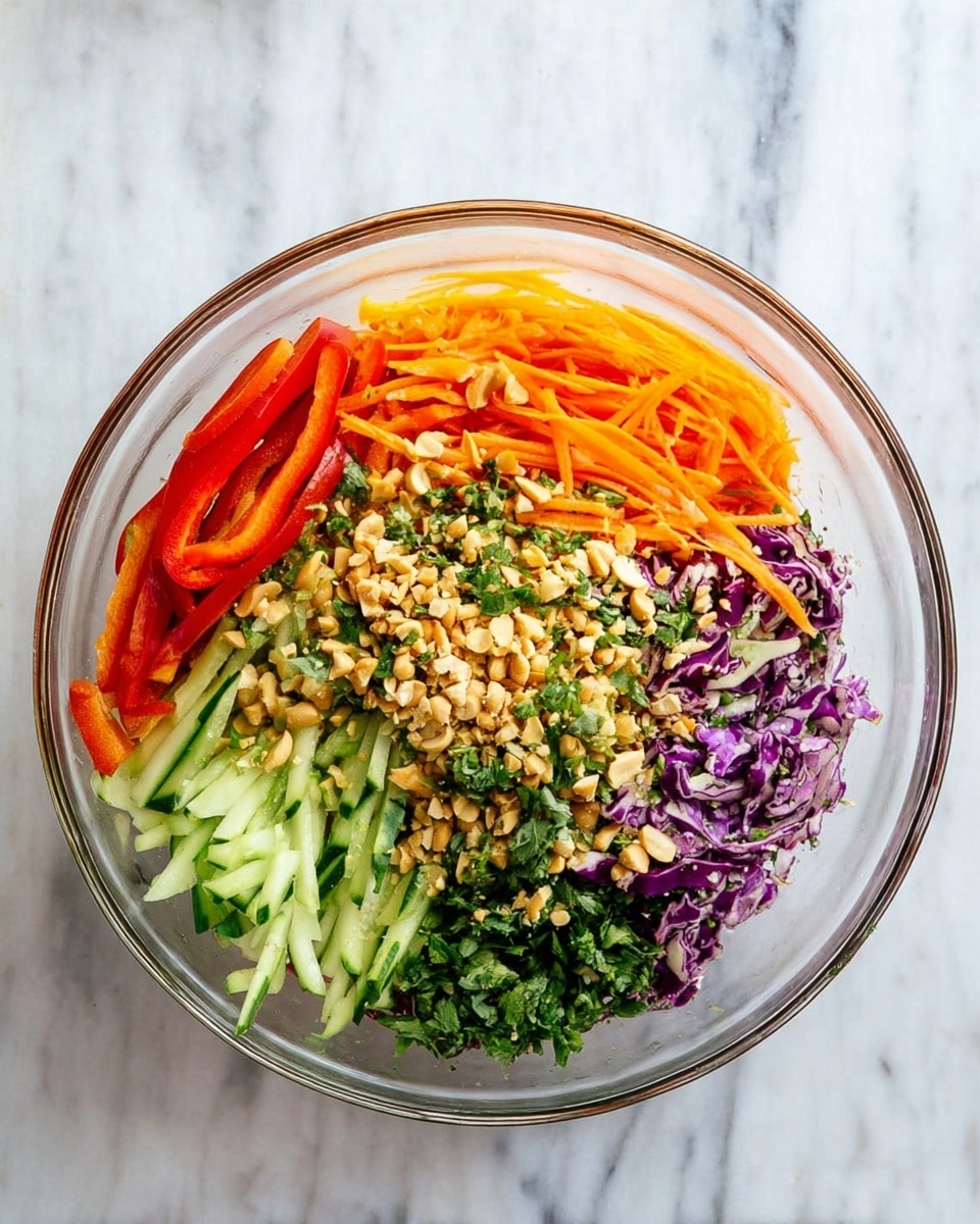 A white bowl filled with thin rice noodles forming the base layer, topped with thin strips of bright orange carrot, red bell pepper, and green cucumber arranged randomly. Shreds of purple cabbage add pops of color throughout, and small pieces of chopped walnuts are scattered on top, along with finely chopped green herbs. The bowl sits on a white marbled surface, with a blue textured cloth to the left and a whole orange bell pepper to the right. Fresh green mint leaves rest on a wooden board near the bottom right corner. Photo taken with an iphone --ar 4:5 --v 7