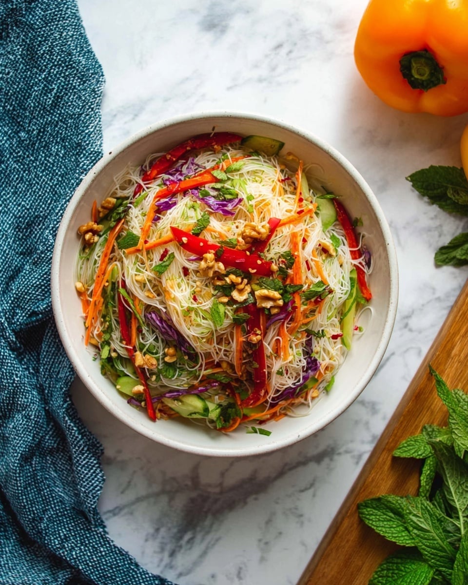 A clear glass bowl on a white marbled surface holds a colorful salad, where each ingredient is neatly arranged in layers. Starting from the left, there are thin red strips of red bell pepper, beside bright orange julienned carrots, followed by fresh green cucumber sticks. Next to those is a layer of dark green chopped herbs, with finely shredded purple cabbage on the right. On top of all the vegetables, a generous sprinkle of roughly chopped peanuts and finely chopped herbs completes the dish. The bowl is viewed from above, showing clean and bright colors with a fresh and crunchy texture. photo taken with an iphone --ar 4:5 --v 7