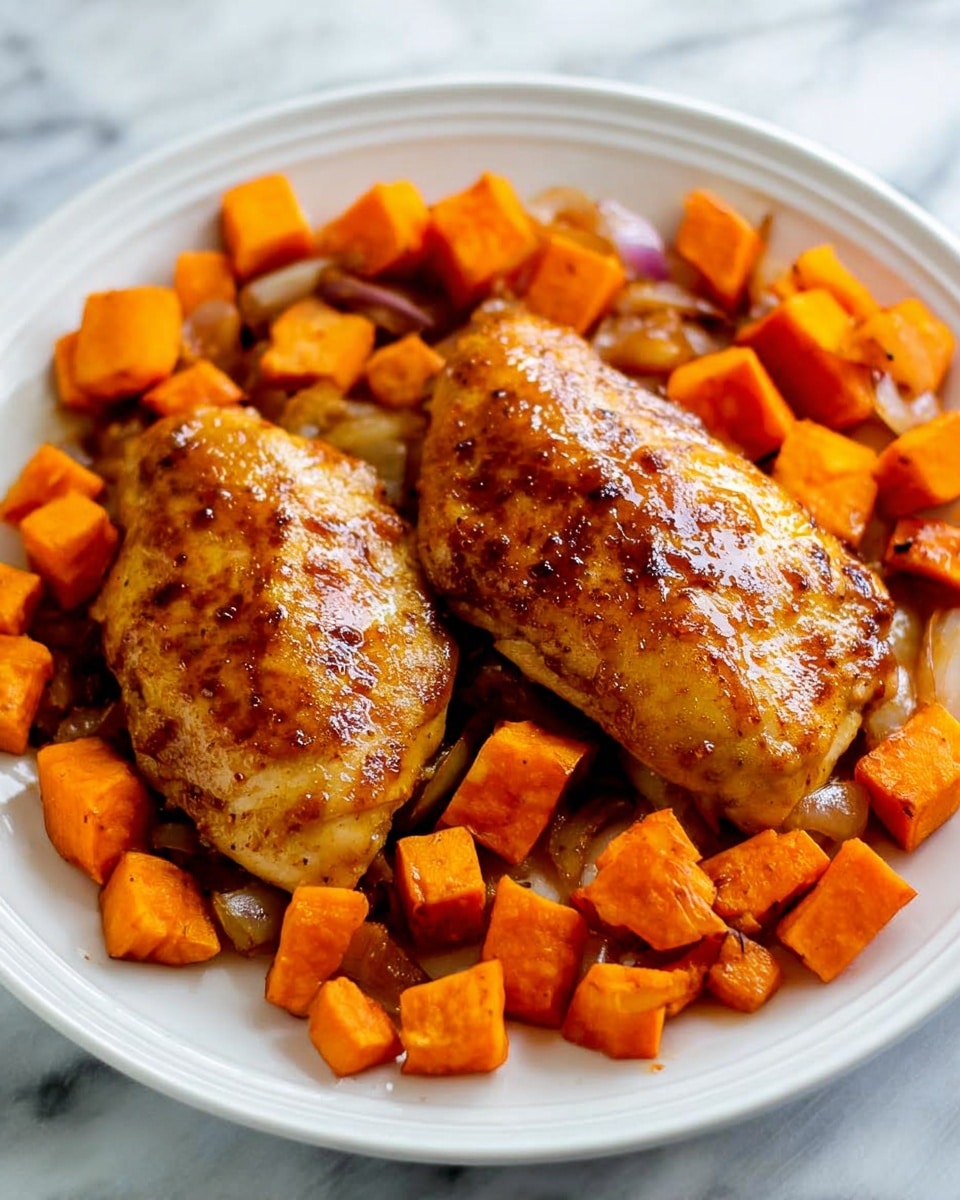 The image shows two pieces of golden-brown cooked chicken resting on a white plate, surrounded by bright orange cubes of cooked sweet potatoes mixed with small soft pale onion pieces. The chicken has a shiny, slightly textured surface with a light glaze that catches the light, and the sweet potatoes have a soft, slightly matte texture. The white plate with a slight edge detail contrasts with the colorful food, and the background is a white marbled texture. photo taken with an iphone --ar 4:5 --v 7