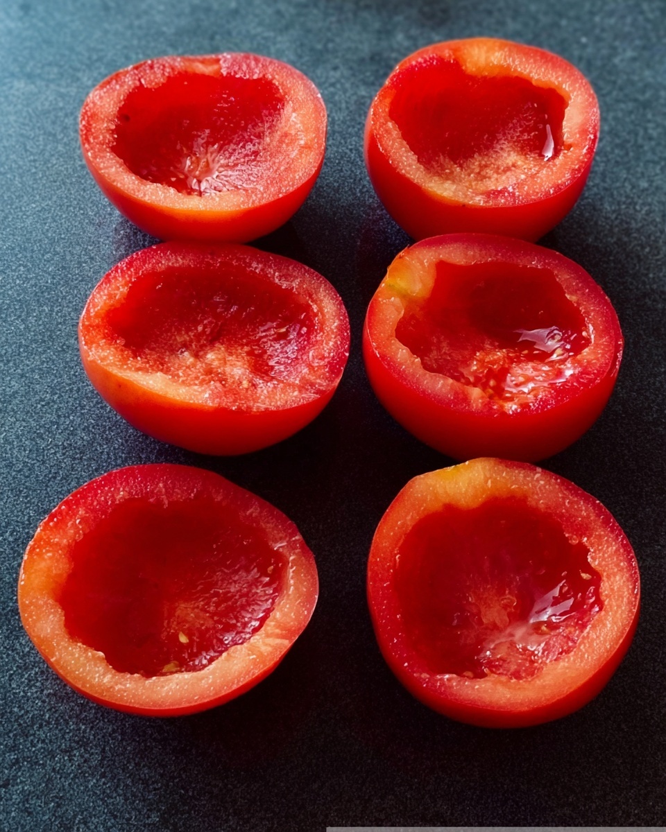 The image shows six hollowed-out tomato halves lined up on a smooth dark surface. Each tomato half is bright red with a shiny, moist inside where seeds and pulp have been removed. The outer skin is smooth and firm, while the inside has a textured, slightly wet look. The tomatoes are arranged in two rows of three, all facing upward, showing their hollow centers. The overall look is fresh and ready to be filled or used in cooking. Photo taken with an iphone --ar 4:5 --v 7