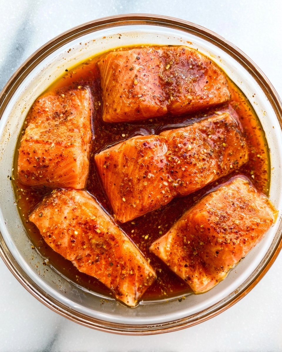 A clear round glass bowl filled with six pieces of orange salmon fillets covered in a shiny, reddish-brown marinade with visible black pepper and seasoning. The bowl sits on a white marbled surface with light reflections on the glass. The marinade looks smooth and rich, coating each piece evenly. photo taken with an iphone --ar 4:5 --v 7