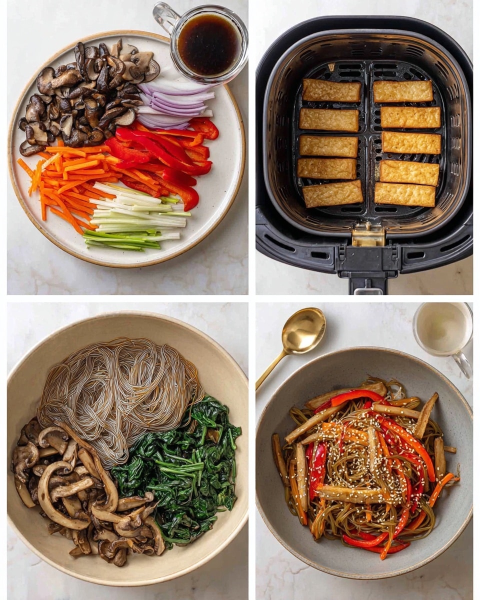 The image shows six steps of making a noodle dish. The first part has five layers of sliced vegetables arranged neatly on a white plate: dark brown mushrooms, green scallions, bright red bell peppers, orange carrots, and pale purple onions from top to bottom. The second part shows several pieces of golden-brown tofu cooking in a black air fryer basket. Third is a glass jar filled with dark soy sauce next to a small golden spoon on a white marbled surface. The fourth part has clear glass noodles loosely piled inside a beige bowl. The fifth part shows the cooked veggies – sautéed green spinach, brown mushrooms, green scallions, red peppers, orange carrots, and light-colored onions – neatly arranged in sections inside a gray bowl. The sixth part shows the finished dish with these mixed noodles, tofu strips, and vegetables, garnished with white sesame seeds in a beige bowl; everything is well combined with a glossy sauce. Photo taken with an iphone --ar 4:5 --v 7