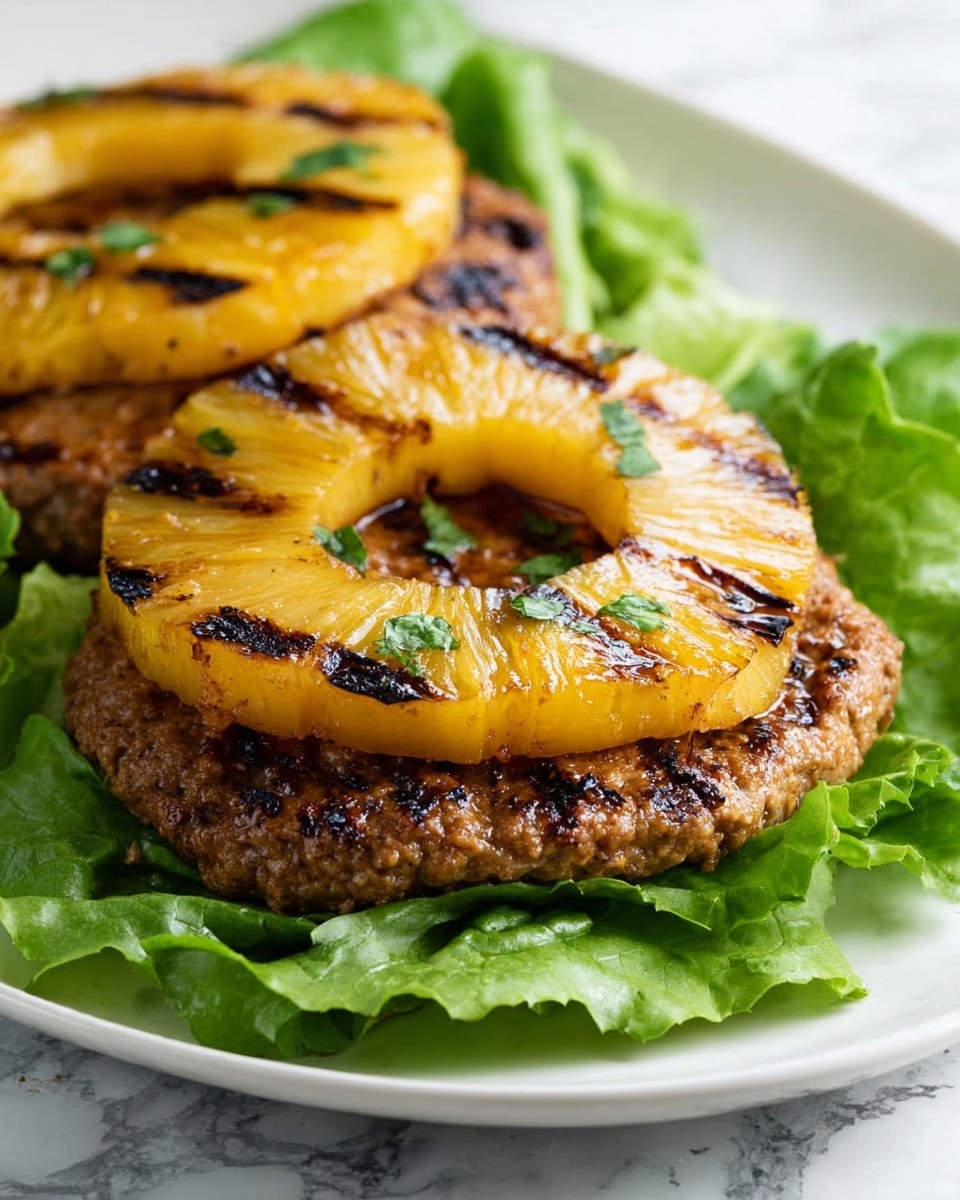 Two grilled patties with a smooth brown texture sit on a bed of fresh green leafy lettuce on a white plate. Each patty is topped with a juicy, golden-yellow grilled pineapple ring, showing dark grill marks and a shiny surface with small green herb pieces scattered on top. The patties have a slightly rough, browned outside and a lighter orange inside. The background shows a white marbled texture. photo taken with an iphone --ar 4:5 --v 7