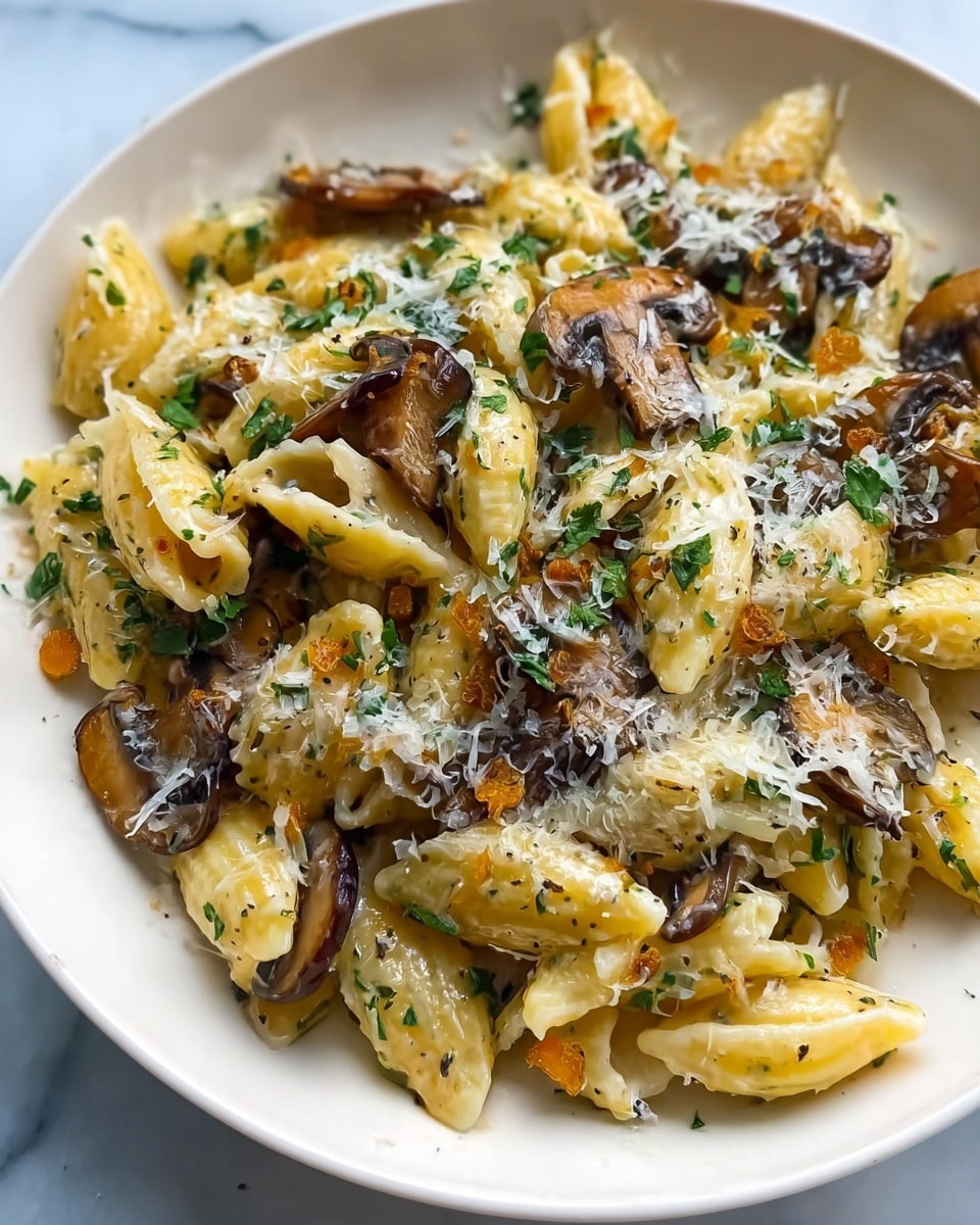 The image shows a close-up of a white plate filled with short, ridged pasta pieces in a creamy sauce. Mixed throughout the pasta, there are golden-brown cooked mushroom slices adding a darker brown texture. Finely chopped green herbs are sprinkled evenly over the pasta, with delicate shreds of light-colored cheese scattered on top, creating a mix of yellow, brown, green, and white layers. The pasta and mushrooms look soft and moist, and the overall dish has a warm, inviting appearance. The plate sits on a white marbled surface. photo taken with an iphone --ar 4:5 --v 7