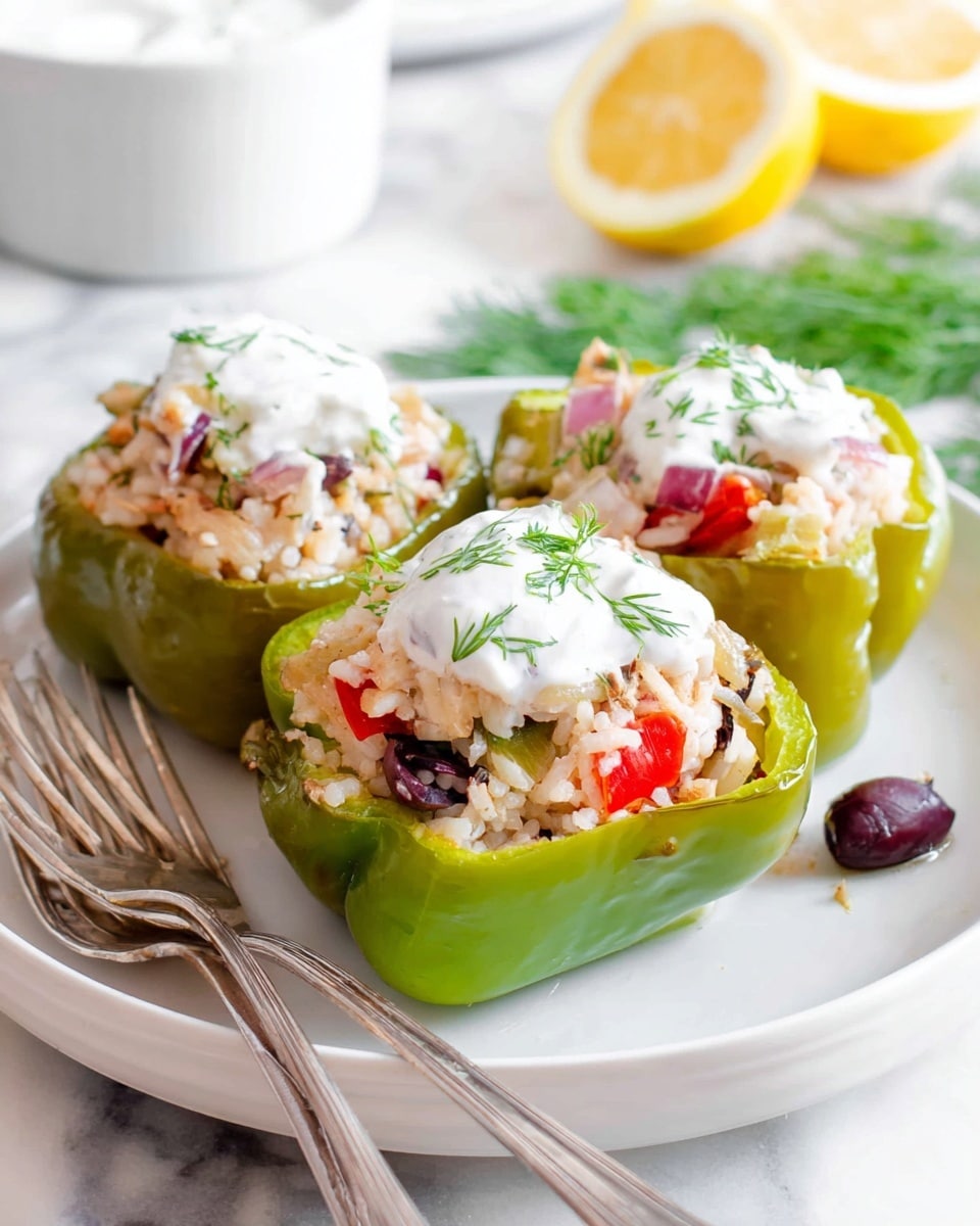 The image shows a clean arrangement of fresh ingredients laid out on a white marbled surface. There are three bright green bell peppers at the center bottom. Above them, there is a large container of pale pink ground chicken on the left, next to a small clear bowl with chopped red cherry tomatoes and another clear bowl with diced green zucchini. A halved yellow lemon sits in the middle near a red onion and a clove of garlic. On the right side, there is a white block of feta cheese next to a small jar of Italian seasoning with a wooden spoon in it and fresh dill herbs next to a clear bowl filled with white rice. Small bowls of black ground pepper, kosher salt, and kalamata olives are arranged near the bottom. The whole setup is bright and fresh with labels for each ingredient. photo taken with an iphone --ar 4:5 --v 7