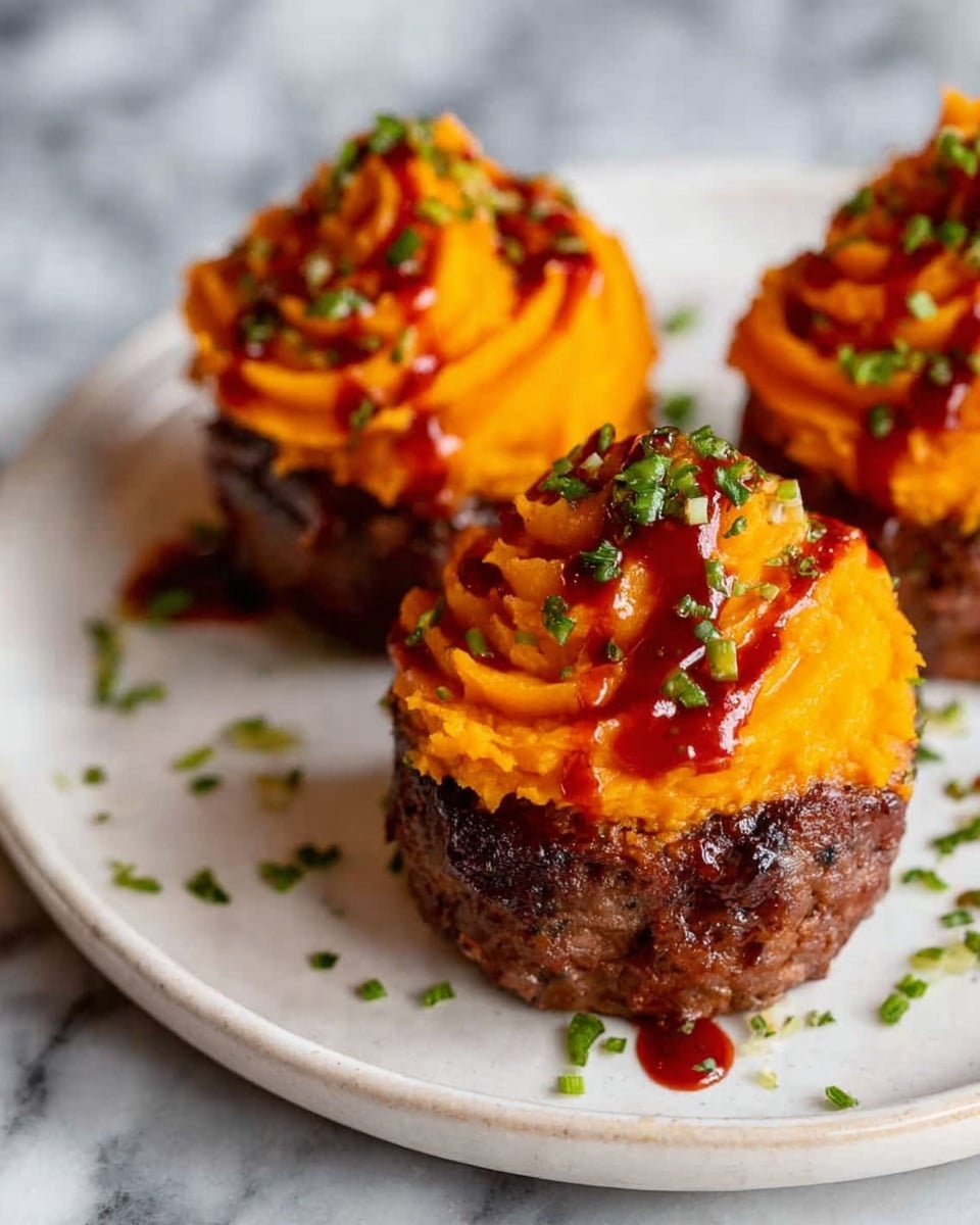 The dish shows a thick, dark brown baked meat base with a rough texture, sitting in the middle of a white plate. On top of the meat is a swirl of bright orange mashed topping, piped in three clear layers that have a smooth, creamy look with some sauce drizzled on it. Small green bits are sprinkled over the orange topping. Around the meat and topping, there are bright green broccoli florets adding a fresh contrast. The plate rests on a white marbled surface with a small spot of red sauce nearby and a blue and white striped cloth in one corner. photo taken with an iphone --ar 4:5 --v 7