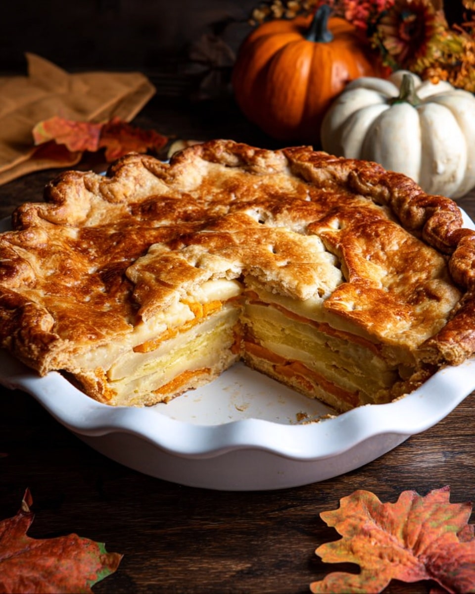 A golden brown pie with a thick, crimped crust sits in a white pie dish. One slice is missing, showing about seven visible layers inside, alternating pale yellow and orange thin slices, slightly soft and moist. The pie is set on a dark wooden table with autumn leaves and small pumpkins in the background, creating a warm, cozy atmosphere. The top crust has a slightly bumpy and shiny texture with small cut vents. Photo taken with an iphone --ar 4:5 --v 7