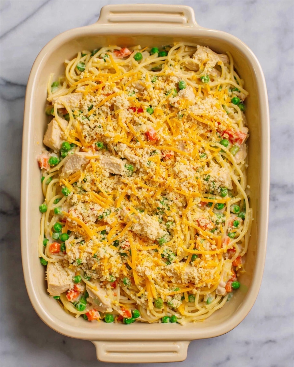 A light beige rectangular baking dish filled with a layered noodle casserole. The bottom layer consists of thin light yellow spaghetti noodles mixed with small green peas and diced orange carrots, creating a colorful base. On top of this, tender light tan pieces of cooked chicken are spread evenly. The upper layer is covered with a generous amount of shredded bright orange cheese and sprinkled with fine, pale beige breadcrumbs for texture. The dish sits on a white marbled surface. Photo taken with an iphone --ar 4:5 --v 7