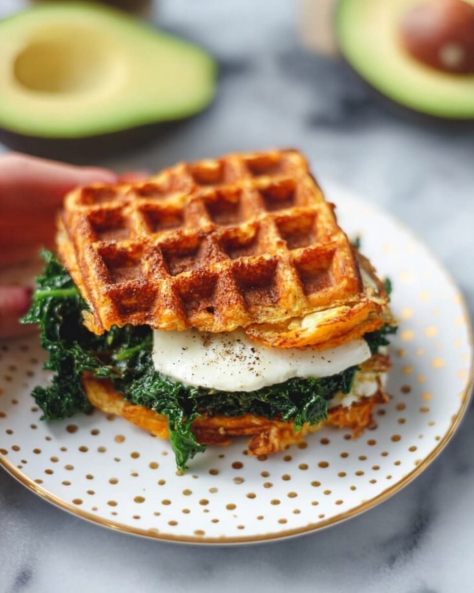 The image shows a sandwich-like dish with two golden brown, crispy waffles as top and bottom layers. Inside, there is a layer of cooked dark green kale and a white slice of cheese with a smooth texture. Some black pepper is sprinkled on top of the cheese. The sandwich is placed on a white plate with small gold dots, which sits on a white marbled surface. A woman's hand is seen holding the sandwich gently from the side, and in the background, there is half an avocado with its seed visible. photo taken with an iphone --ar 4:5 --v 7