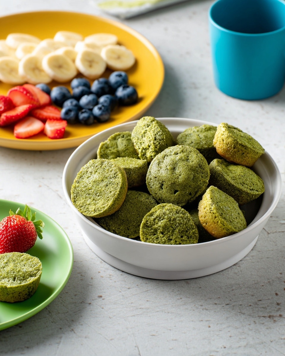 A white bowl filled with many small, round green muffins. The muffins have a soft, slightly rough texture, stacked unevenly inside the bowl. To the left, on a yellow plate, are more green muffins along with slices of banana and some blueberries placed separately. On the right side, on a white bowl, is a single green muffin with a strawberry on a green plate. The setting is on a white marbled surface, with a blue cup in the background. photo taken with an iphone --ar 4:5 --v 7