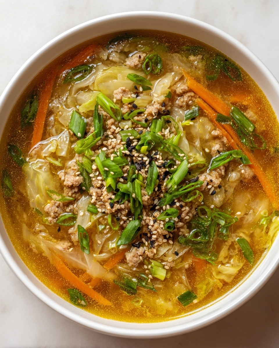 A white bowl filled with soup that has a clear, golden broth. The soup has three main layers: the bottom layer is light with soft, translucent cabbage and thin carrot sticks scattered around, the middle layer contains small light brown minced meat pieces mixed with the vegetables, and the top layer is colorful with bright green chopped spring onions and white sesame seeds sprinkled on top. The bowl sits on a white marbled surface. Photo taken with an iphone --ar 4:5 --v 7