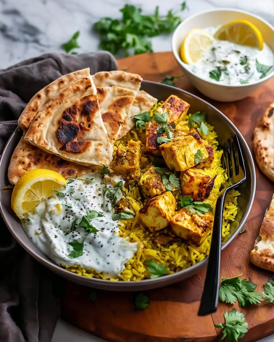 The image shows a metal tray filled with three layers. The bottom layer is yellow rice with a fluffy texture, spread evenly across the tray. On the rice are scattered golden-brown grilled chicken pieces with crisp edges. In the middle, there is a dollop of white sauce with a creamy texture, topped with green coriander leaves. Around the sauce, there are three lemon wedges placed on the rice for decoration. The tray is resting on a white marbled surface. Photo taken with an iphone --ar 4:5 --v 7