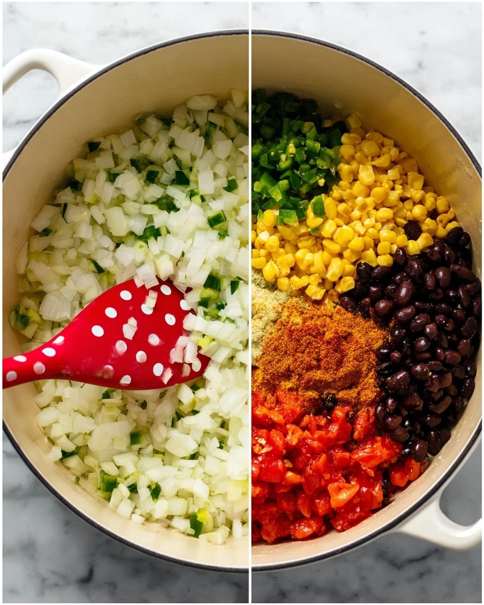 The first image shows a white pot filled with chopped white onions and small green pieces of what looks like green bell pepper or jalapeno, being stirred by a red spatula with white polka dots. The second image shows the same white pot but now it contains five distinct and colorful layers of ingredients arranged side by side: bright yellow corn, chopped red tomatoes, finely chopped light green celery or onion, dark black beans, and a pile of orange and brown spices. The pot is placed on a white marbled surface. photo taken with an iphone --ar 4:5 --v 7