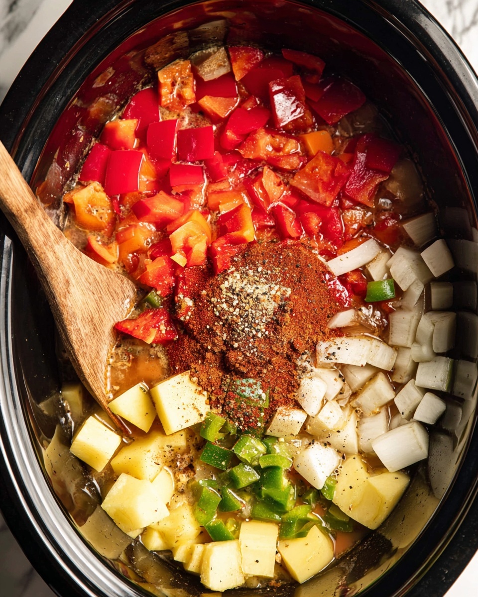 The image shows a black slow cooker filled with several layers of ingredients. At the bottom are large, uneven chunks of white onion and yellow potato scattered around. On top of that is a thick layer of chopped red bell pepper pieces with bright red and orange hues. Over the peppers, there are small green pieces of chopped jalapeño scattered everywhere. A pile of reddish-brown ground spices is heaped in the center, sprinkled lightly with some black and white seasoning flakes. A wooden spoon is partially submerged on the left side, resting inside the cooker. The background visible around the cooker is a white marbled texture. photo taken with an iphone --ar 4:5 --v 7