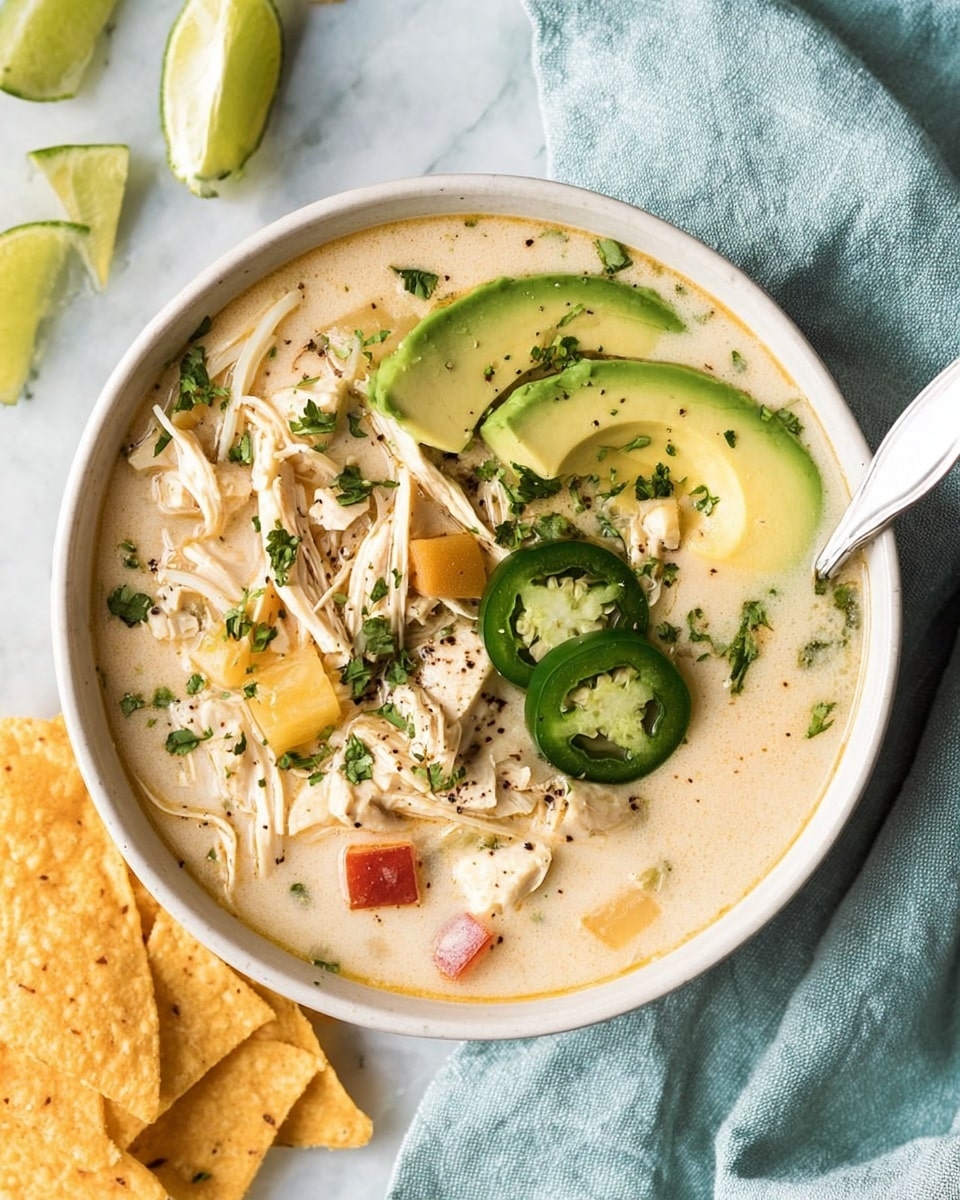 A white bowl is filled with creamy light beige soup containing shredded white chicken, small cubes of red and yellow vegetables, and thin noodles. On the soup’s surface, there are two broad slices of bright green avocado and two rings of fresh green jalapeno, sprinkled with chopped herbs and black pepper. A white spoon is placed inside the bowl on the right side, resting on a pale blue cloth to the upper right. Around the bottom of the bowl are pale yellow triangular tortilla chips. In the upper left corner, there are lime wedges on a white marbled surface. Photo taken with an iphone --ar 4:5 --v 7