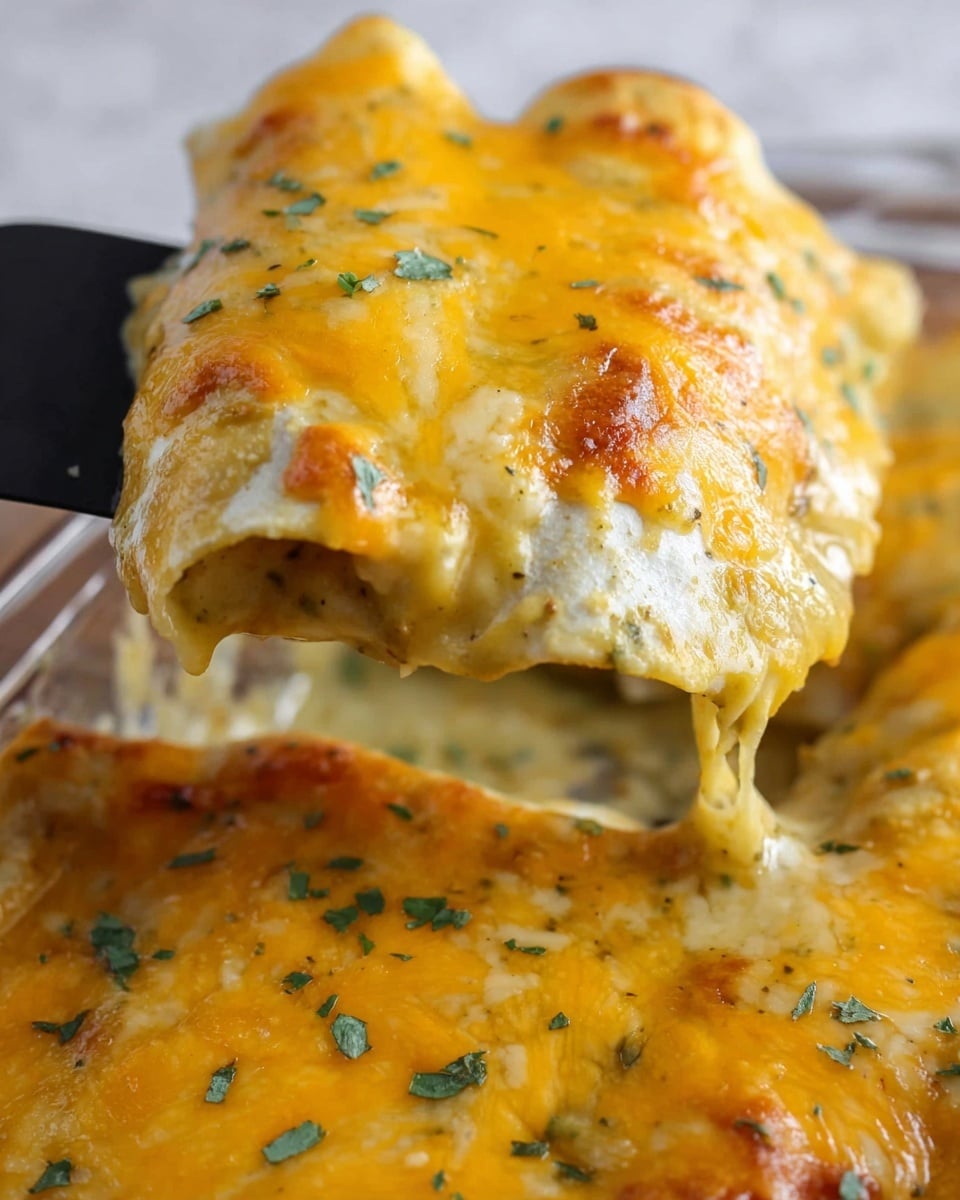 The image shows a close-up view of a baked dish with soft yellow enchiladas covered by two layers of melted cheese: a mix of orange-yellow cheddar and white mozzarella. The enchiladas are in a shallow glass dish with a white marbled surface underneath. The top layer of cheese has some small green herb sprinkles, adding a fresh color contrast. A black spatula lifts one enchilada, revealing a creamy, white filling inside with a smooth texture. The edges of the enchiladas are soft and slightly browned, indicating they are well baked. photo taken with an iphone --ar 4:5 --v 7