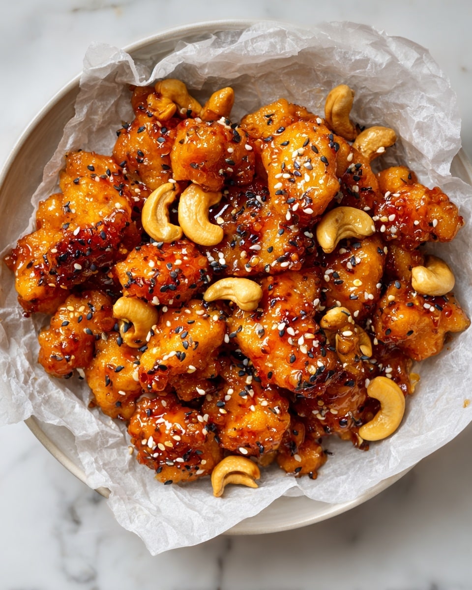 A round white plate lined with crinkled parchment paper holds several pieces of shiny, orange-brown glazed chicken chunks mixed with whole, light brown cashew nuts. The chicken pieces are coated evenly with a glossy sauce and sprinkled lightly with black and white sesame seeds, adding texture. The whole dish looks rich and moist, with a few darker seasoning spots on the chicken, all presented on a white marbled surface. photo taken with an iphone --ar 4:5 --v 7