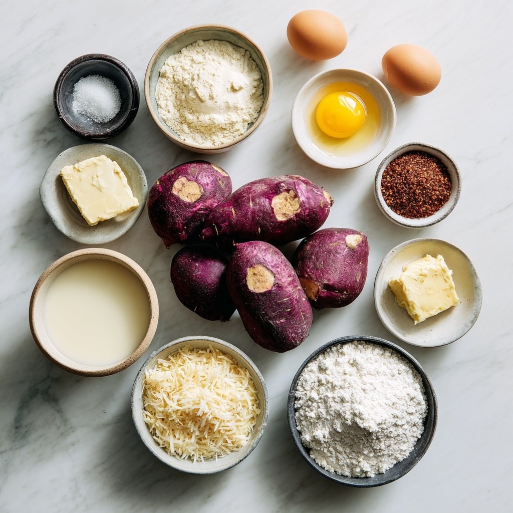 A white square plate holds one slice of pie showing three layers: the bottom crust is light brown and firm, the thick middle layer is smooth and purple, and the top layer is creamy and white with shredded white topping. Behind it, a round pie dish shows the rest of the pie, with the same three layers visible and a golden-brown crimped edge on the crust. The scene is set on a white marbled surface with soft purple flowers in the blurred background. photo taken with an iphone --ar 4:5 --v 7