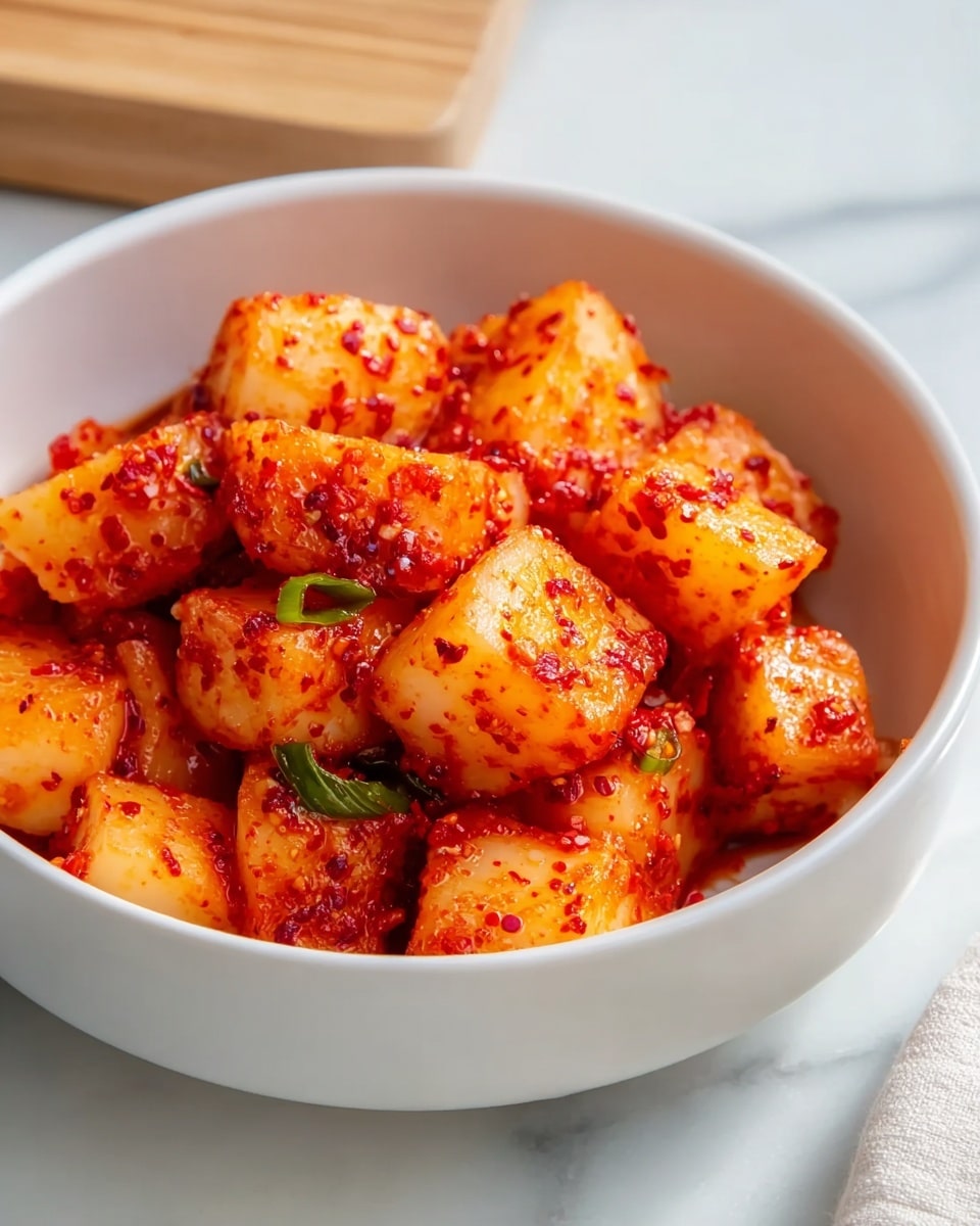 The image shows a close-up of a white bowl filled with small cubes of food, each cube coated in a bright orange-red seasoning with visible red chili flakes. The cubes are slightly shiny, indicating they are moist, and have a soft texture. Small pieces of green garnish are scattered among the cubes, adding contrast. The bowl sits on a white marbled surface. photo taken with an iphone --ar 4:5 --v 7