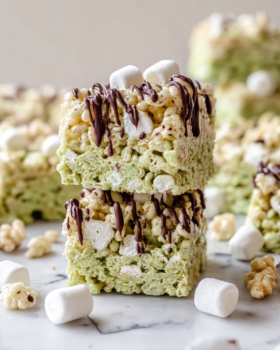 The image shows triangle-shaped treats made from light green puffed rice cereal mixed with small white marshmallows throughout. Each triangle has a smooth top and textured sides from the cereal and marshmallows. Dark brown chocolate is drizzled across the top of every piece in thin, wavy lines. The treats are set on white parchment paper, which lies on a light wooden board. In the background, there is a ribbed white bowl holding more small white marshmallows. The surface under the board is a white marbled texture. photo taken with an iphone --ar 4:5 --v 7
