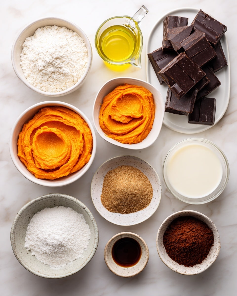 A top view of twelve white bowls arranged in a neat grid on a white marbled surface, each filled with different ingredients: the first row from left to right has a bowl of fine white all-purpose flour, a small bowl with fine white salt, and a bowl of bright orange puréed sweet potato with a smooth, swirled texture; the second row features a small clear glass pitcher of yellow olive oil, a small white bowl with a small amount of pale apple cider vinegar, and a white plate holding large rectangular blocks of dark vegan chocolate; the third row holds a small clear glass container with creamy off-white non-dairy milk, a small speckled white bowl with dark brown vanilla extract, and a white bowl filled with crumbly brown coconut sugar; the fourth row includes a small scalloped white bowl with fine white baking powder, a small speckled bowl filled with dark black espresso, and a white bowl of rich dark brown Dutch-process cocoa powder, all ingredients clearly labeled in simple black text photo taken with an iphone --ar 4:5 --v 7