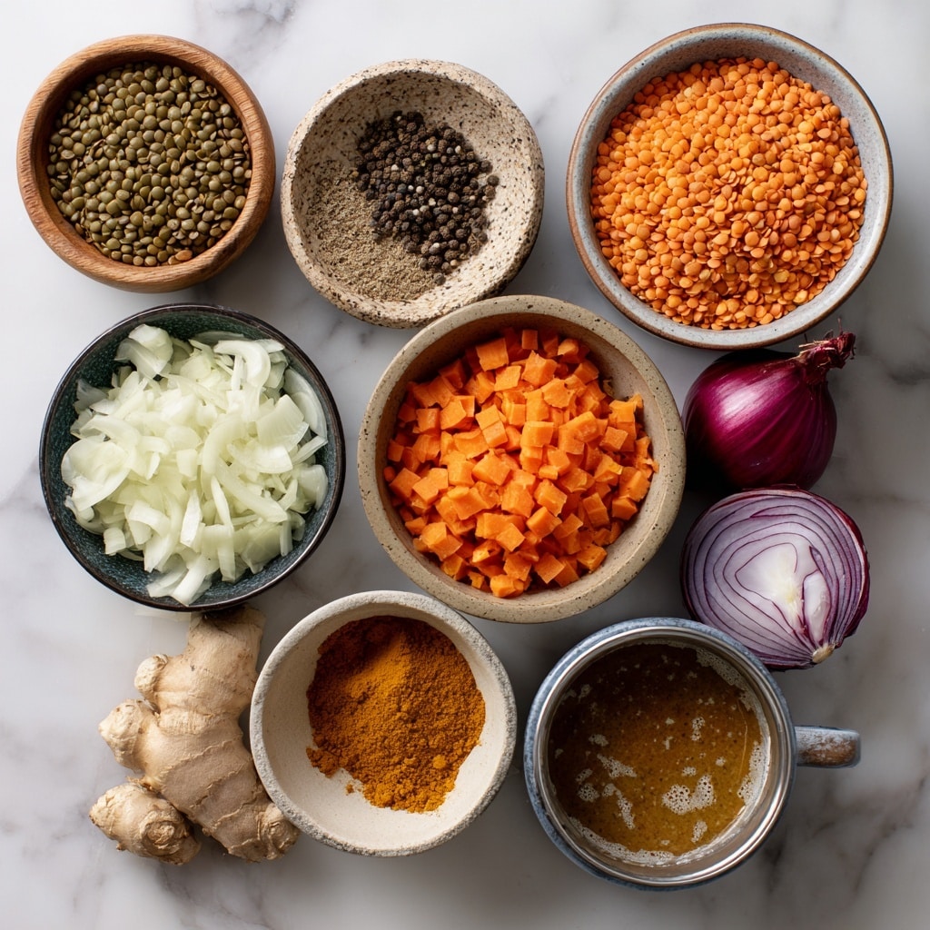 Several small white bowls and one white handled pot are arranged on a white marbled surface. The top left bowl holds green lentils, a round plate near the top center shows four spices in small heaps: yellow curry powder, brown coriander, dark brown cumin, and orange turmeric. A single red chili pepper rests next to the plate. Below the lentils, a small bowl contains a dark liquid labeled coconut oil. To its right, a white handled pot is filled with chopped onions. Below the pot, a scalloped bowl holds chopped orange carrots. Near the bottom, a tiny bowl has minced garlic, and next to it, a small pink bowl holds grated ginger. In the middle right, a grey bowl contains amber-colored veggie broth. Below that, a white bowl shows white coconut milk. Finally, a small blue bowl contains salt and pepper. The photo taken with an iphone --ar 4:5 --v 7
