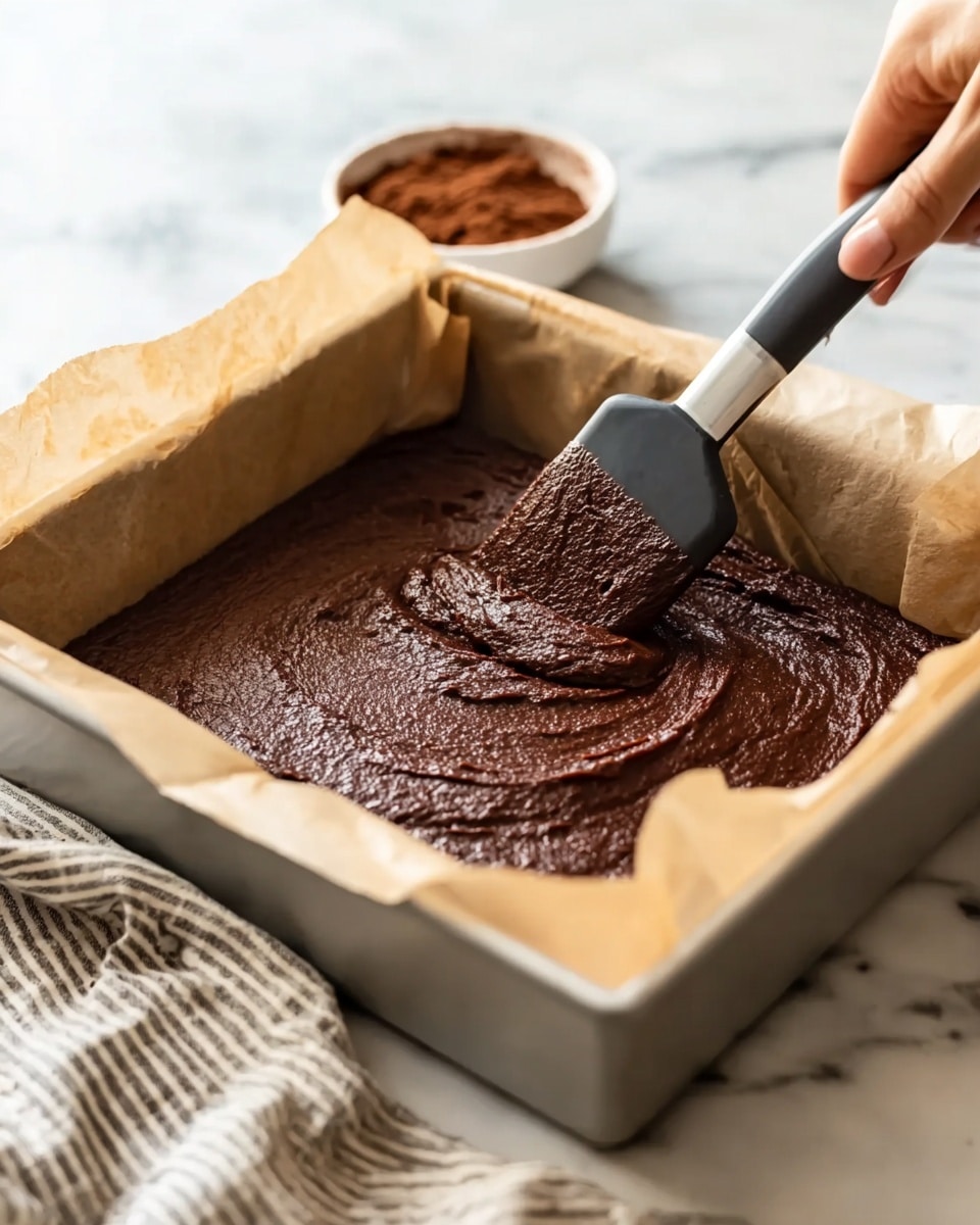 A close-up image shows thick, dark brown brownie batter spread evenly in a square baking pan lined with light beige parchment paper. The batter surface looks smooth but soft, with texture visible from the spatula lifting a portion gently from the center. The spatula has a black flexible blade and a metallic handle, held by a woman's hand at the top right corner of the image. In the blurred background, there is a small white bowl filled with cocoa powder, set on a white marbled surface. A beige and gray striped cloth lies partially under the baking pan. Photo taken with an iphone --ar 4:5 --v 7
