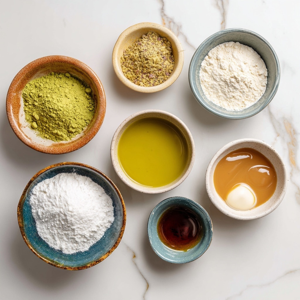 The image shows a stack of six square-shaped caramel-colored sweets with a smooth and shiny outer layer placed on a white marbled surface. Three of these sweets are cut open to reveal three inner layers: a light tan outer shell with a soft texture, a thick bright green middle layer that looks dense and creamy, and a thin crispy bottom layer in a pale beige tone with small crunchy bits. Some green powder is scattered lightly on the surface near the sweets. The scene is softly lit, giving focus on the smooth surfaces and creamy texture. Photo taken with an iphone --ar 4:5 --v 7