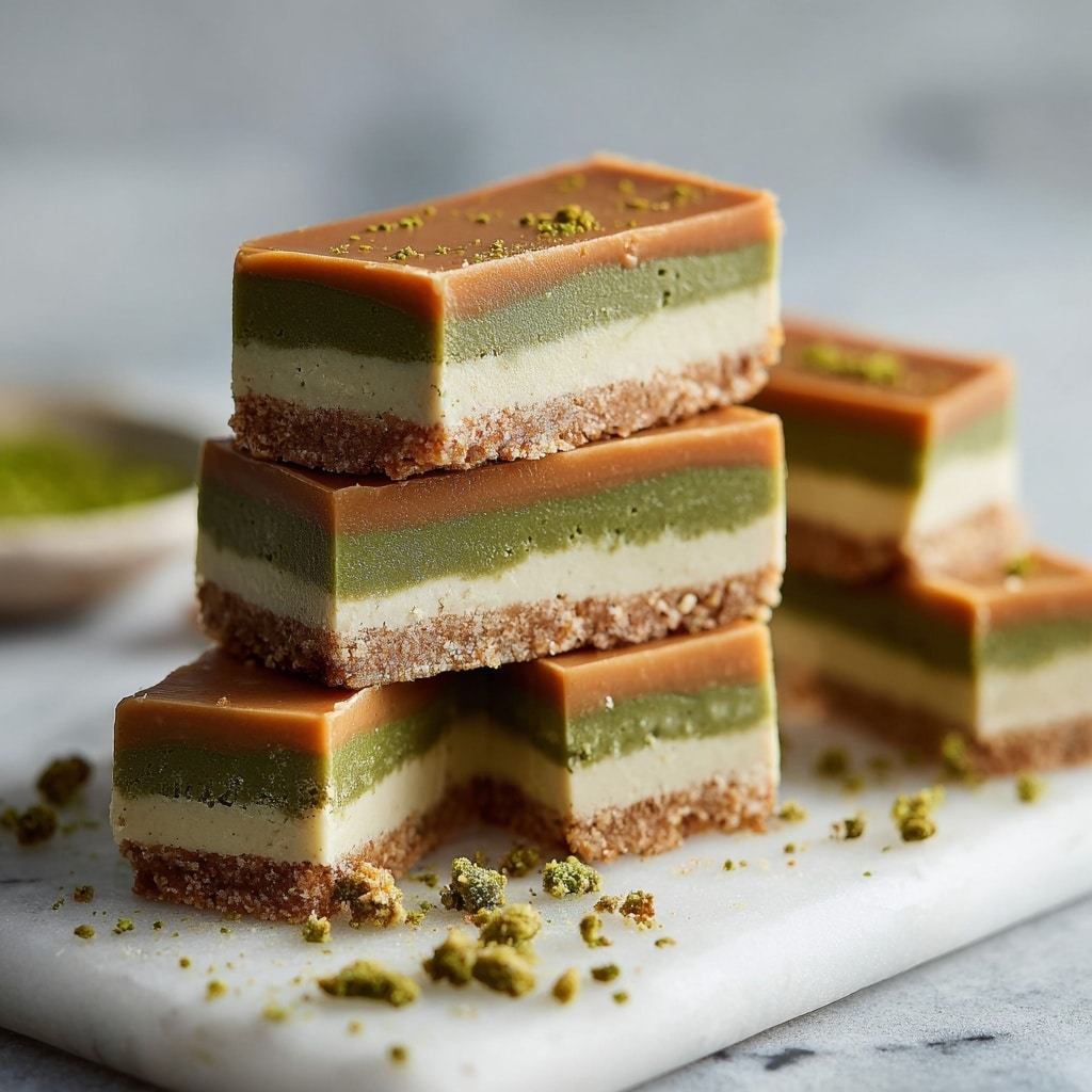 The image shows a stack of square layered sweets on a white plate, placed on a white marbled surface. Each sweet has three visible layers: the bottom layer is thin and crumbly with a light brown color, the middle layer is thick and smooth with a bright green color, and the top layer is again thick and creamy with a light beige color, some pieces have been bitten to show the inside texture. Small green nut pieces are sprinkled on top of the sweets and around the plate, adding texture and color contrast. The photo is close up and softly lit, focusing on the details of the sweets' layers and textures photo taken with an iphone --ar 4:5 --v 7